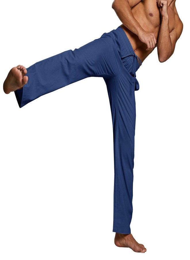 PASLTER Mens Casual Linen Pants Loose Fit Elastic Drawstring Waist Straight-Legs Summer Yoga Beach Long Pants B-Blue - Image 3